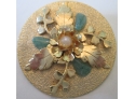 Vintage FLOWER BROOCH PIN, Faux Pearl With Jadeite Chips, Gold Tone Base Metal Finish
