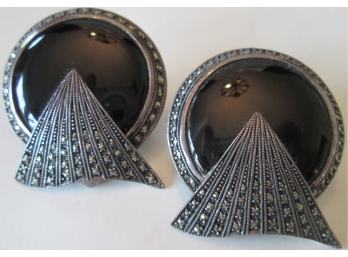 Signed, Vintage PAIR Clip EARRINGS, Black Inserts, MARCASITE Stones