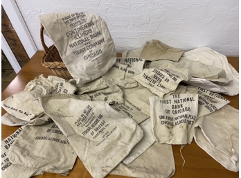 Lot Of 24 Vintage Bank Money Bags In A Basket