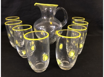 Vintage Handblown Pitcher With 8 Glasses  Pitcher Is Approximately 9.5” Tall Glasses Are 3”diameter