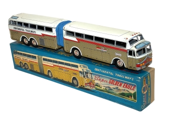 Rare Articulated Continental Trailways Toy Tin Bus In Box
