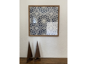 Shadow Box Style Art Piece And 2 Vintage Metal Decorative Spires