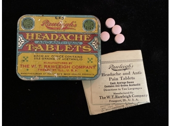 Vintage Tin Of Rawleigh’s Headache And Pain, Filled With Tablets!