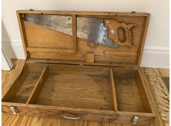 Vintage Stanley Wooden Tool Box With Saw