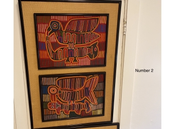 Vintage Mola Tribal Art Pieces - 2 Framed Pieces On Burlap Mat (#2)