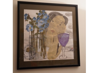 FENG, HE 1965 WOMEN WITH GLASS OF WINE MIXED MEDIA 18.5X18.5