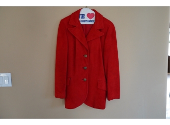 Vintage Size 10 Womens Red Suede Coat With Gold Brass Hardware Buttons