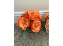Pair Of Orange Silk Flowers In Clear Vases