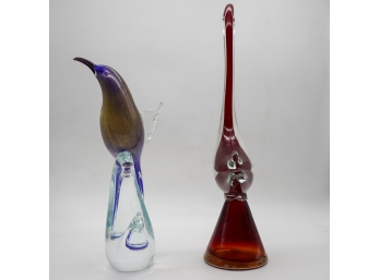RED AND CLEAR GLASS BIRDS BY MURANO 15.5 INCHES HIGH