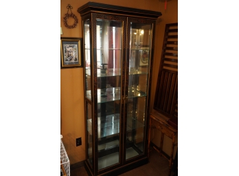 ASIAN STYLE BLACK CHINA CABINET WITH GLASS SHELFS AND GOLD TRIM PLUS KEY .