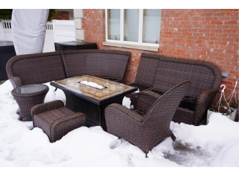 OUTDOOR WICKER WOOD PATIO SET WITH FIREPLACE AND CUSHIONS