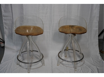 VINTAGE CLEAR LUCITE BAR STOOLS, WITH WOOD SEATS, CHECK PHOTOS