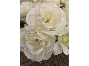 White Silk Flowers Clear Vase