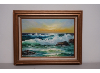 OIL AND CANVAS OF OCEAN WAVES, SIGNED, 21X16 INCHES