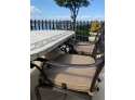 OUTDOOR CEMENT STONE TOP TITLE TABLE WITH 6 FRONTGATE METAL CHAIRS