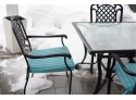 METAL OUTDOOR TABLE WITH GLASS TOP AND 6 CHAIRS