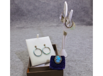 2 Pairs Of Earrings & Ring -Sterling