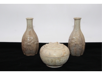 Chinese Ancient Bowl With Cover And Pair Of Old Bottles