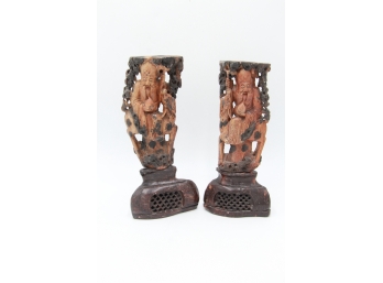 Pair Of Antique Chinese Tall Soapstone Candle Holders