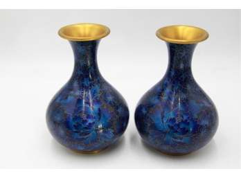 Pair Japanese Cloisonne Cobalt Blue Vases