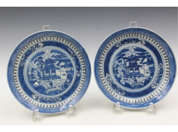 Pair Of Chinese Antique Canton Blue And White Saucers