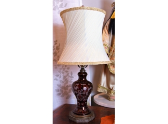 Beautiful Vintage Red Etched Glass Lamp With Original Shade