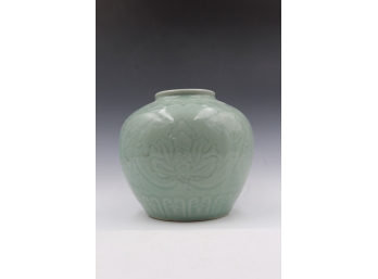 Asian Incised Celadon Vase With Characters On Base