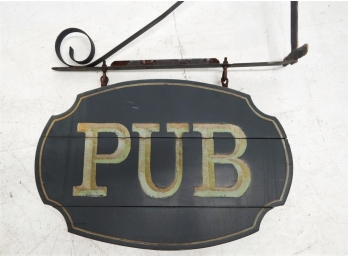 Vintage Wooden Pub Sign W/ Wrought Iron Bracket