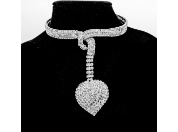 Theatrical Diva Heart Tail Necklace Absolutely Loaded With Bright White Rhinestones