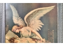 Angel Over Sleeping Baby Victorian Painted Wood Frame Artwork Under Glass