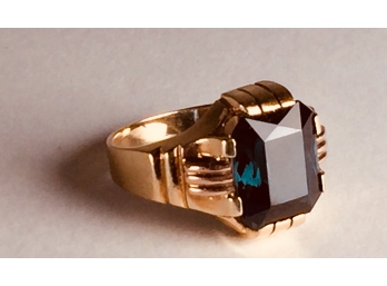 Superb C.1970 Vintage Teal Zircon|Gold Men's Art Deco Ring Size 8