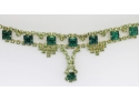 Superb Antique Emerald & Peridot Prong Set Green Glass Rhinestone Festoon Necklace Gold Finish Hook Clasp