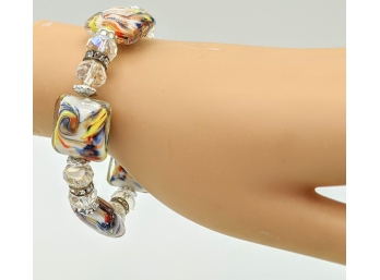 Gorgeous Swirled Art Glass And Cut Crystals Bracelet EZ-On Elastic
