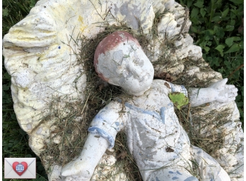 Very Old Very Heavy Painted Cast Cement Sleeping Baby Jesus Garden Figure