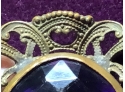 Very Antique Punched Brass Brooch With A Large Purple Facetted Paste Bezel Set Gem 2'