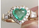 Sparkling Heart-Shaped Emerald Glass Heart Shaped Solitaire With Bright White CZs Sterling Ring Size 6
