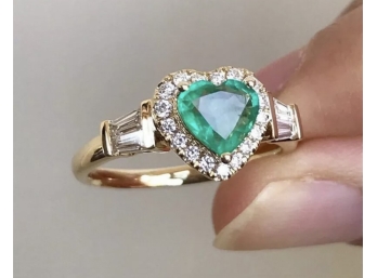 Sparkling Heart-Shaped Emerald Glass Heart Shaped Solitaire With Bright White CZs Sterling Ring Size 6