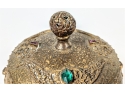 Very Antique Gorgeous Ornate Small Lidded Bejeweled Brass Vanity Pot/Box With Bezel-Set Glass