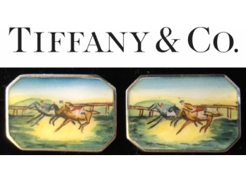 ONCE IN A LIFETIME! RARE T&Co. STERLING SILVER HAND PAINTED ENAMEL HORSE RACING EQUESTRIAN CUFFLINKS ITALY