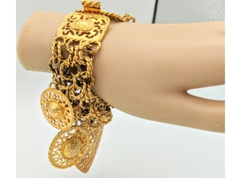 Flashy Showstopper Large Heavy Bright Gold Huge Textural Charms Bracelet