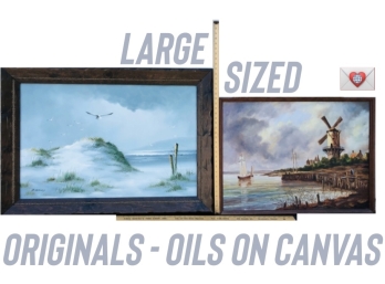 2 Well-Depicted Original Oil Seascapes Seagull Large Framed Paintings