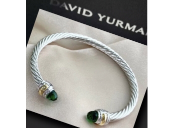 David Yurman Brand New Bright Green Peridot Crystal 14K & Sterling Silver Cuff Bracelet