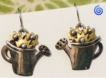 🌀 Adorable Flower Pot Watering Can Earrings Bronze And Silver