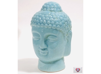 Light Aqua Blue Crackle ~ Serene Ceramic Buddha Head Statue 6.75' Tall