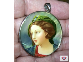Astounding Hand Painted Portrait On Mother Of Pearl Signed Portrait Vintage Sterling Pendant