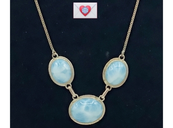 3 Baby Blue Natural Larimar Cabochons Bezel-Set In Patinated Sterling Vintage Necklace 19'