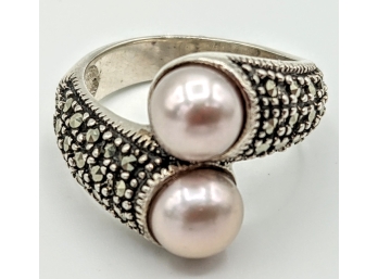 Sterling Silver Double Pearl And Marcasites Bypass Ring ~ So Pretty Size 6