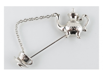 Whimsical Silver Tone Teapot And Teacup Vintage Stickpin