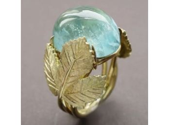 Exquisitly Designed Gold Plated Leaves Setting Faux Green Moonstone Cabochon Fashion Ring Size 10