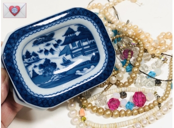 Small Portugal Blue Transfer Ware Soap Dish With Odd Jewelry Bits